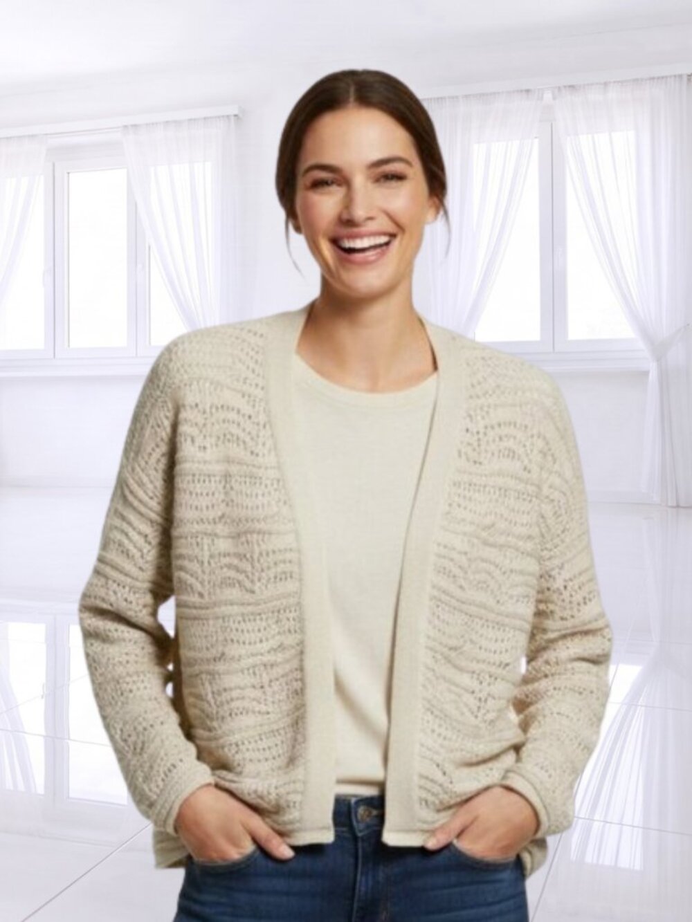 Broadway 38 Textured Relaxed Fit Open Front Cardigan XL